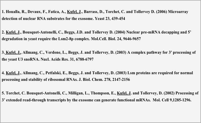 
1. Houalla, R., Devaux, F., Fatica, A., Kufel, J., Barrass, D., Torchet, C. and Tollervey D. (2006) Microarray  detection of nuclear RNA substrates for the exosome. Yeast 23, 439-454

2. Kufel, J., Bousquet-Antonelli, C., Beggs, J.D. and Tollervey D. (2004) Nuclear pre-mRNA decapping and 5’ degradation in yeast require the Lsm2-8p complex. Mol.Cell. Biol. 24, 9646-9657

3. Kufel, J., Allmang, C., Verdone, L., Beggs, J. and Tollervey, D. (2003) A complex pathway for 3' processing of the yeast U3 snoRNA. Nucl. Acids Res. 31, 6788-6797

4. Kufel, J., Allmang, C., Petfalski, E., Beggs, J. and Tollervey, D. (2003) Lsm proteins are required for normal processing and stability of ribosomal RNAs. J. Biol. Chem. 278, 2147-2156

5. Torchet, C. Bousquet-Antonelli, C., Milligan, L., Thompson, E., Kufel, J. and Tollervey, D. (2002) Processing of 3’ extended read-through transcripts by the exosome can generate functional mRNAs.  Mol. Cell 9,1285-1296.